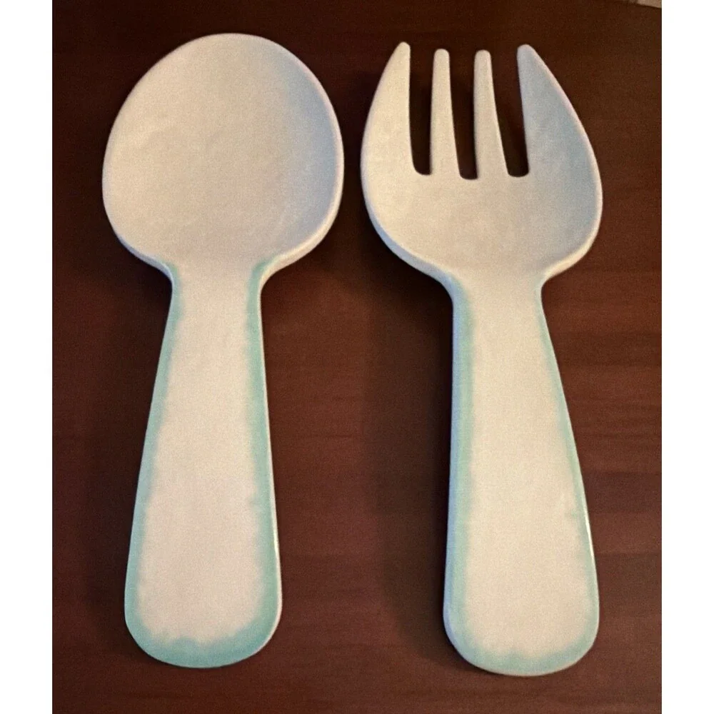 Laurie Gates Salad Server Tray Set Spoon & Fork White Teal Trim 10.5